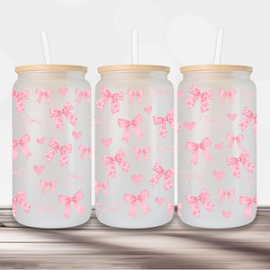 16oz Coquette Bow Can Glass Wrap PNG | Pink Ribbon Sublimation Design | Girly Cup PNG