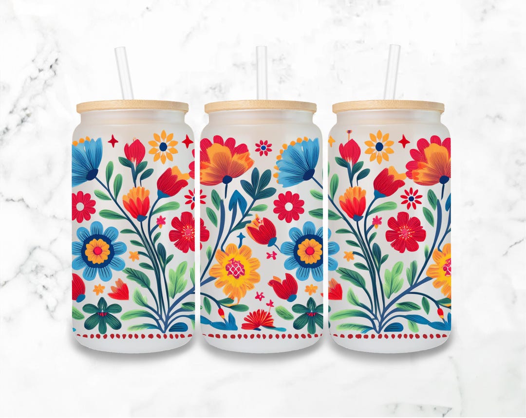 680 メキシコ花柄のガラス瓶セット メキシコの花 16 オンス ガラス缶ラップ昇華 PNG | メキシコ刺繍花柄