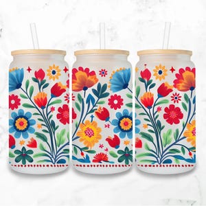 Mexican Flowers 16oz Glass Can Wrap Sublimation PNG | Mexico Embroidery Floral Pattern | Seamless Glass Can Wrap Digital Download