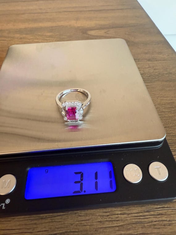 Pink Sapphire Emerald Cut and Moissanite Antique … - image 7