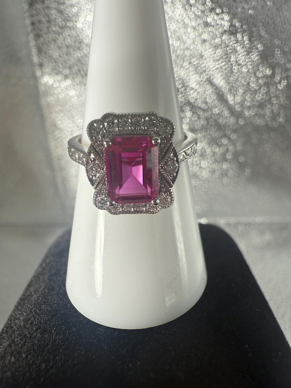Pink Sapphire Emerald Cut and Moissanite Antique … - image 2