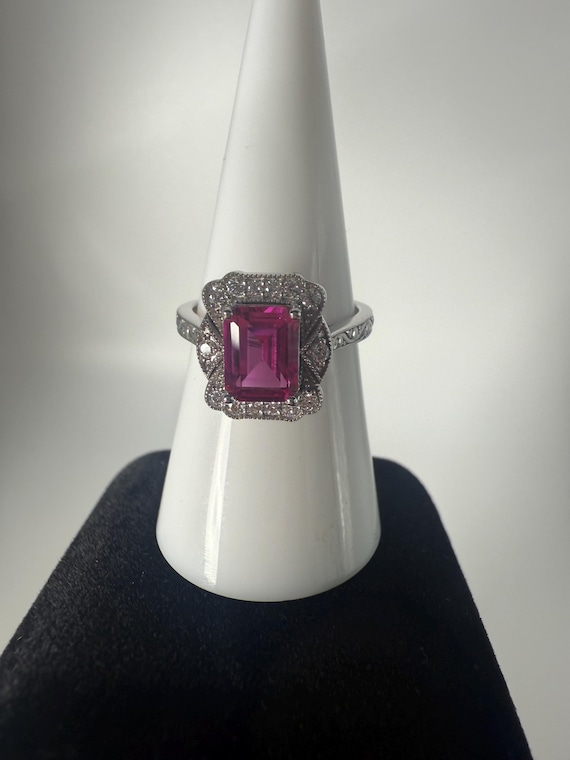 Pink Sapphire Emerald Cut and Moissanite Antique … - image 3