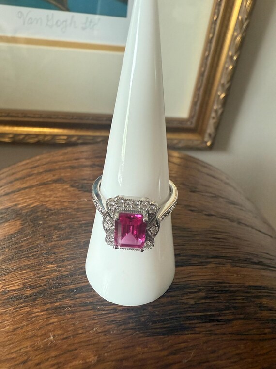 Pink Sapphire Emerald Cut and Moissanite Antique … - image 1