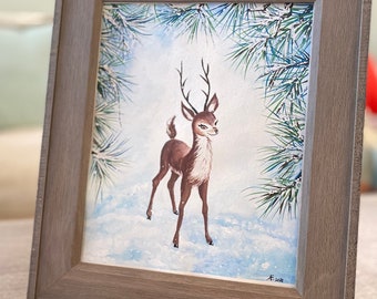 Reindeer in the Snowy Woods fine art watercolor print, vintage style art