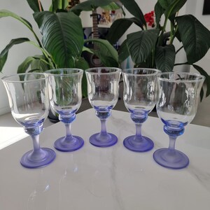 May include: Five clear glass goblets with a flared rim and a lavender-coloured stem and base. The goblets are arranged in a row, showcasing their elegant design. The background features lush green plants.