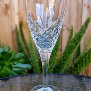 May include: A clear crystal wine glass with a diamond-cut pattern on the bowl. The glass has a long, slender stem and a round base. The background features a wooden fence and green foliage.