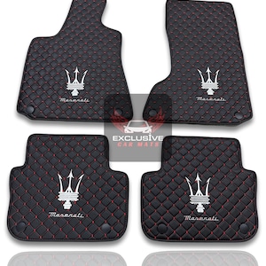 Luxury Leather Car Floor Mats For Maserati Ghibli-Quattroporte-GranCabrio-GranTurismo-Levante-Grecale  Models / Black Leather & Red Stitch