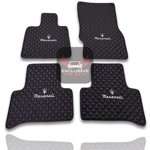Luxury Leather Car Floor Mats For Maserati Ghibli-Quattroporte-GranCabrio-GranTurismo-Levante-Grecale Models / Black Leather & Red Stitch