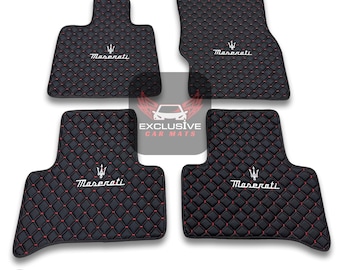 Luxury Leather Car Floor Mats For Maserati Ghibli-Quattroporte-GranCabrio-GranTurismo-Levante-Grecale Models / Black Leather & Red Stitch