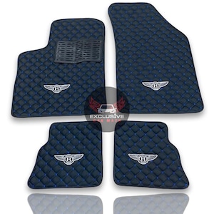 Luxury Leather Car Floor Mats For Bentley Bentayga / Continental GT / Flying Spur Models , Embroidery Logo - Black Leather & Blue Stitch