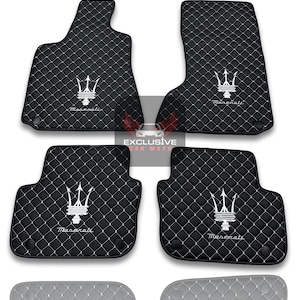 Luxury Leather Car Floor Mats For Maserati Ghibli-Quattroporte-GranCabrio-GranTurismo-Levante-Grecale Models / Black Leather & White Stitch