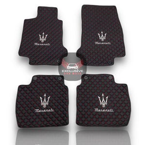 Luxury Leather Car Floor Mats For Maserati Ghibli-Quattroporte-GranCabrio-GranTurismo-Levante-Grecale  Models / Black Leather & Red Stitch