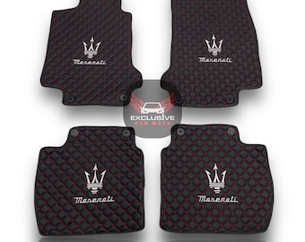 Luxury Leather Car Floor Mats For Maserati Ghibli-Quattroporte-GranCabrio-GranTurismo-Levante-Grecale  Models / Black Leather & Red Stitch