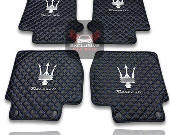 Luxury Leather Car Floor Mats For Maserati Ghibli-Quattroporte-GranCabrio-GranTurismo-Levante-Grecale Models / Black Leather & Blue Stitch