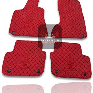 Luxury Leather Car Floor Mats For Maserati Ghibli-Quattroporte-GranCabrio-GranTurismo-Levante-Grecale Models / Red Leather & Red Stitch