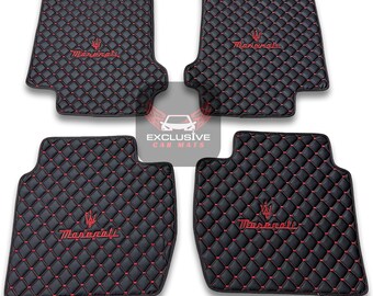 Luxury Leather Car Floor Mats For Maserati Ghibli-Quattroporte-GranCabrio-GranTurismo-Levante-Grecale  Models / Black Leather & Red Stitch