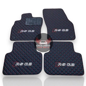 Alfombrillas de cuero de lujo para Audi Q3, SQ3 y RSQ3. Logotipo bordado. Juego de 4 unidades. Fabricación bajo pedido. Cuero negro y costura roja.