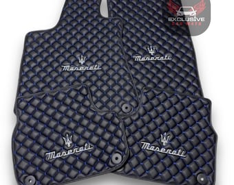Luxury Leather Car Floor Mats For Maserati Ghibli-Quattroporte-GranCabrio-GranTurismo-Levante-Grecale  Models / Black Leather & Blue Stitch