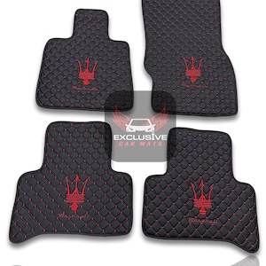Luxury Leather Car Floor Mats For Maserati Ghibli-Quattroporte-GranCabrio-GranTurismo-Levante-Grecale  Models / Black Leather & Red Stitch