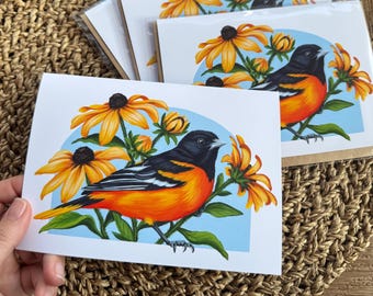 Bird Greeting Card, Baltimore Oriole and Black Eyed Susan Original Artwork, Native Species Stationary