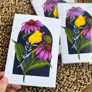 Bird Greeting Card, Goldfinch and Coneflower Original Artwork, Echinacea and American Goldfinch Stationary