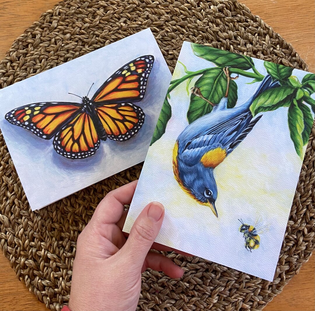 Art Greeting Cards Set of 2, Blank Art Cards, Monarch Cards, Bird ...