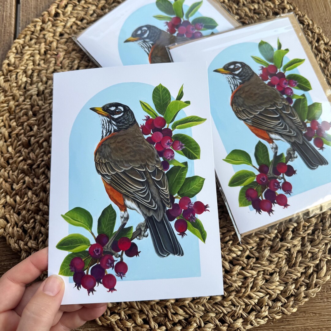 Bird Greeting Card, American Robin and Serviceberry Original Artwork ...