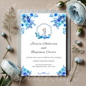 Lot modifiable de faire-part de mariage floral bleu royal, modèle de toile, invitation personnalisée et illustration de couple, téléchargement immédiat moderne minimal