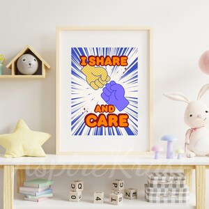 Póster imprimible "Compartir y cuidar" / Cita sobre la bondad en preescolar / Descarga digital Montessori / Arte mural de empatía para niños / Decoración colorida para guardería