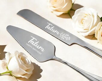 Gift for Mom, Personalized Birth Flower Stainless Steel Cake Cutting Set - Engraved with Name, Wedding, Bridal Shower, Birthday, Bridesmaid