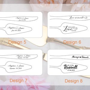 May include: A selection of personalized wedding cake servers and spatulas. Designs include names and dates, with phrases like "Love is sweet" and "Always Forever." The designs are in black on white backgrounds.