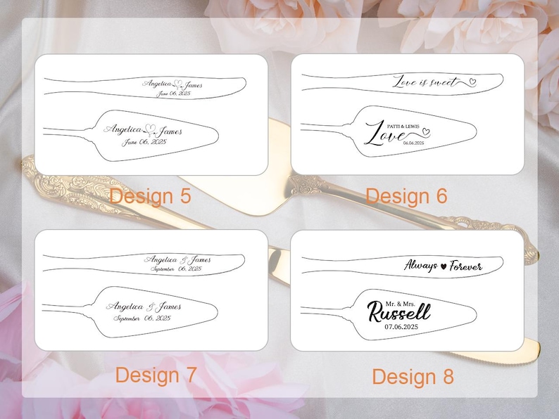 May include: A selection of personalized wedding cake servers and spatulas. Designs include names and dates, with phrases like "Love is sweet" and "Always Forever." The designs are in black on white backgrounds.