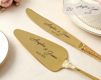 Gold Wedding Cake Cutting Set, Personalized Engraved Cake Knife and Server Set, Wedding Keepsake Gift