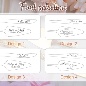 May include: Image showcasing four cake knife and server designs with personalized text. Each design features names and dates in elegant fonts. The text "Font selection" is at the top. Designs 1, 2, 3, and 4 are labeled below each design.
