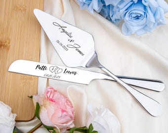Juego de cortadores de pastel de boda grabados: cuchillo de servir de acero inoxidable personalizado, regalo de boda, recuerdo de aniversario, regalo para despedida de soltera.