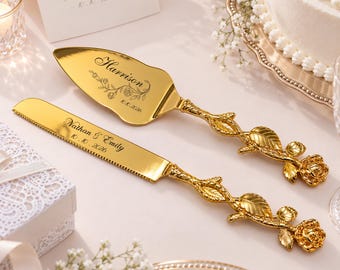Personalized Wedding Cake Knife and Server Set, Engraved Gold Rose Cake Cutting Set, Custom Names Date Wedding Gift