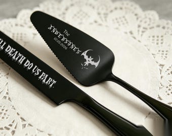Personalized Gothic Wedding Cake Knife and Server Set, Dark Romance Wedding Cutting Set, Engraved Bride Groom Gift, Vintage Wedding Keepsake