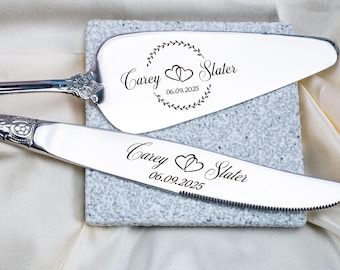 Personalisierte Hochzeitstorte Schneide-Set: Gravierter Edelstahl Tortenheber