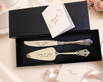 Silver Personalized Wedding Cake Cutting Set with Gift Box, Engraved Cake Knife and Server Set, Wedding Keepsake Gift