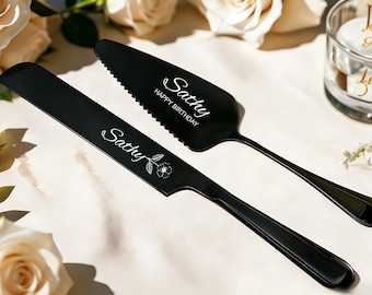 Personalized Birth Flower Cake Cutting Set, Custom Name Engraved Stainless Steel Knife & Server, Anniversary Gift, Birthday Gift for Her