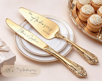 Gold Wedding Cake Cutting Set Personalized Engraved, Cake Knife and Server Set, Wedding Keepsake for Reception