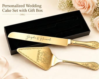Personalized Wedding Cake Cutting Set with Gift Box, Engraved Cake Knife and Server Set, Wedding Keepsake Gift