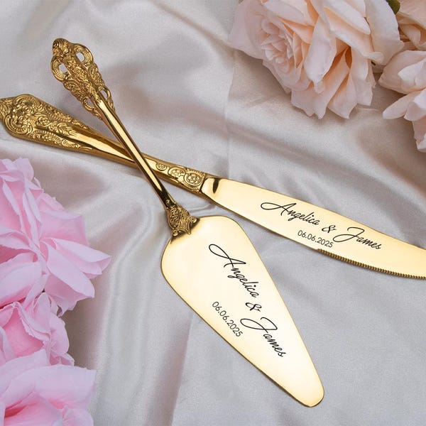 Personalized Wedding Cake Cutting Set: Engraved Stainless Steel Knife & Server