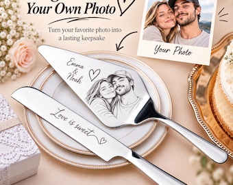 Personalized Cake Knife and Server Set, Custom Photo Engraved Cake Cutting Set, Double Sided Engraving, Custom Wedding Anniversary Gift