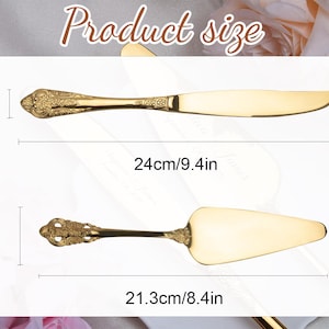 May include: Gold-colored butter knife and cake server set. The knife is 9.4 inches long, and the server is 8.4 inches long. Both pieces have ornate handles and are displayed against a white background with the text "Product size".