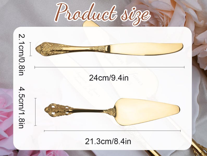 May include: Gold-colored butter knife and cake server set. The knife is 9.4 inches long, and the server is 8.4 inches long. Both pieces have ornate handles and are displayed against a white background with the text "Product size".