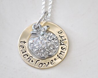 Teachers Necklace -Hand Stamped -Personalized Jewelry-Teacher Gift-Teacher Necklace-Teach-Love-Inspire