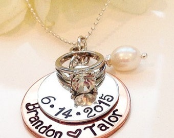 Bling Bling Ring Wedding/Anniversary  Handstamped with Couples Names and Date of Marriage Necklace