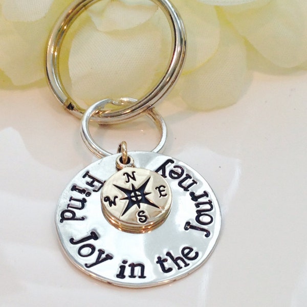 Find Joy in the journey Hand Stamped Keychain with compass charm-Graduation Gift-Missionary Keychain-Graduation Keychain-Retirement gift