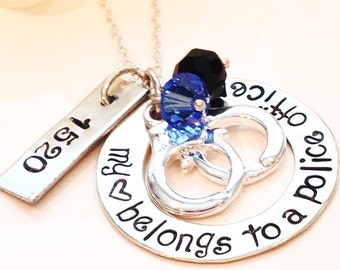 Police Officer Wife Necklace-Girlfriend if a Police Officer-Handcuff charm-Hand stamped Jewelry-My Heart belongs to a Police officer